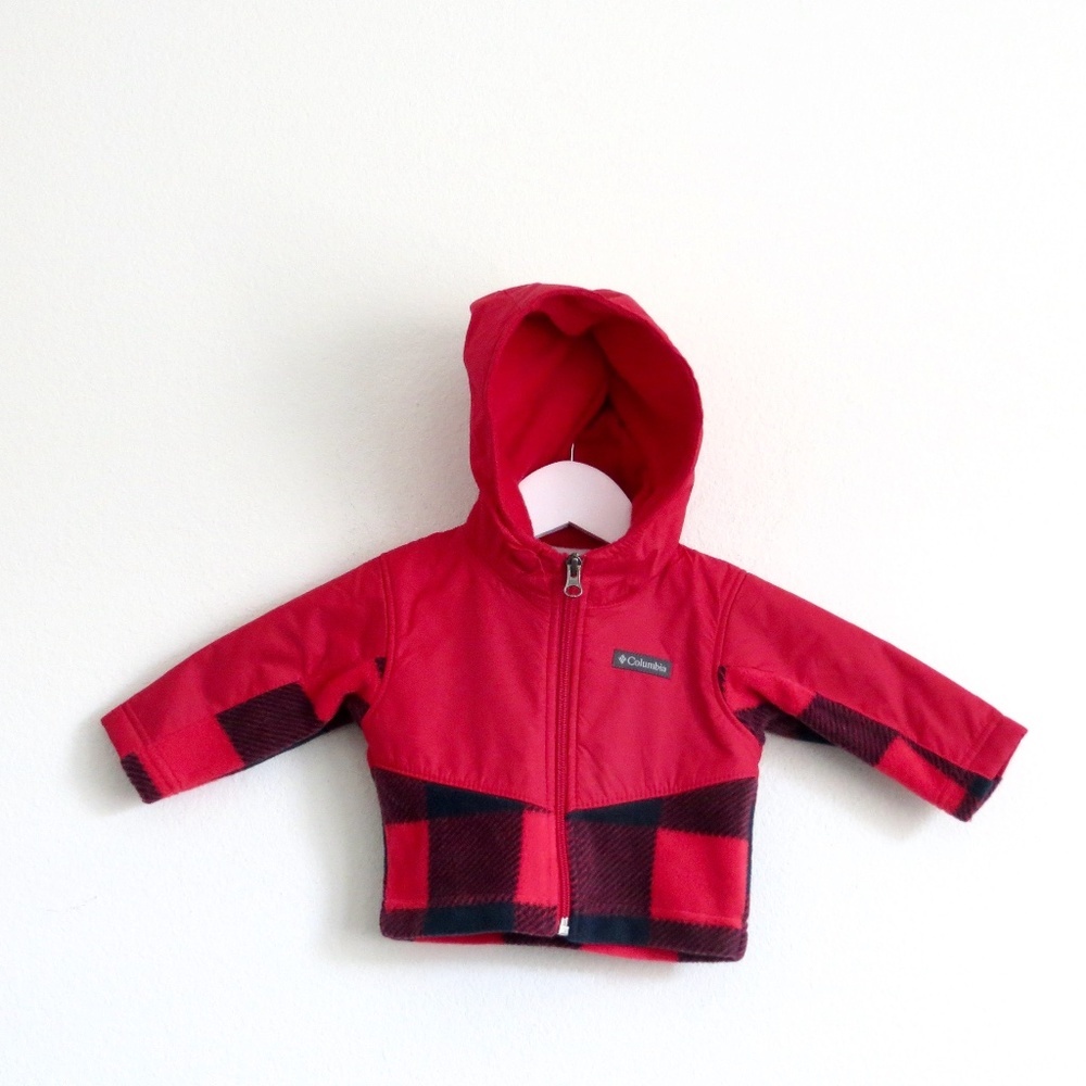 NEW! Baby COLUMBIA Steens Mountain Overlay Hooded Fleece Jacket Red Plaid 3-6 M - Picture 2 of 8